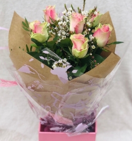 6 Pink Rose Handtied